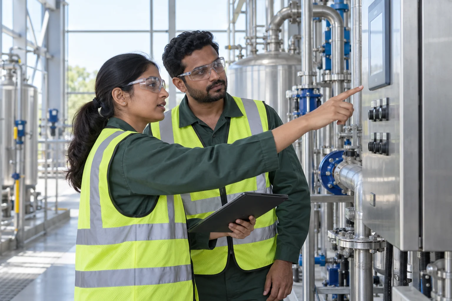 Technicians reviewing treatment equipment