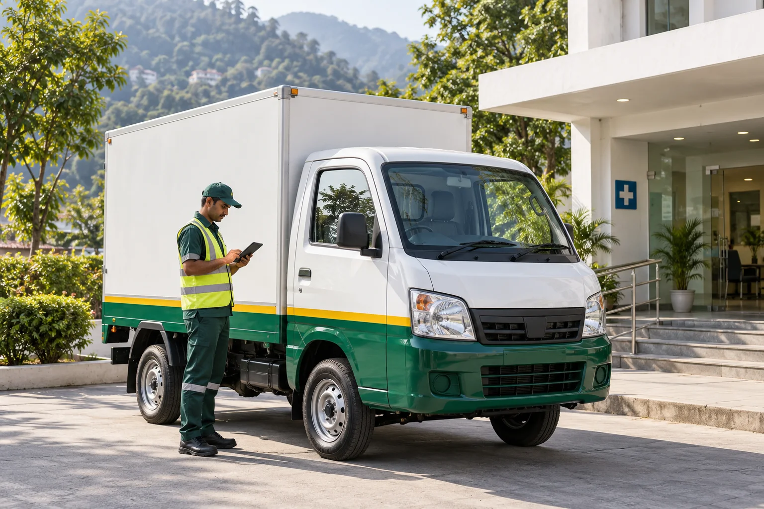 Waste collection worker beside enclosed vehicle